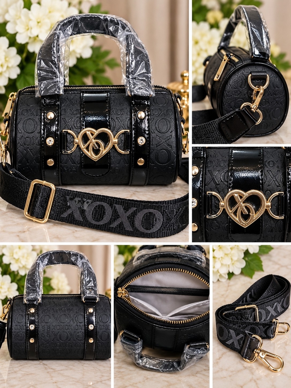 XOXO Black Mini Barrel Crossbody Satchel with Gold Heart Accent